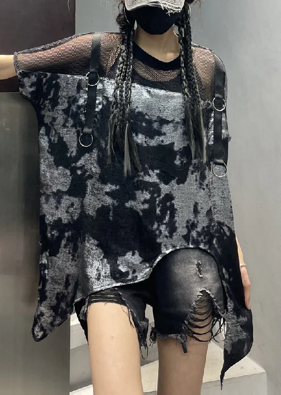 Metallic ShirtsBlack Print Tulle Patchwork T Shirts Summer