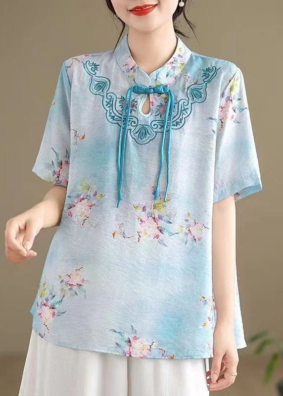 UV-Protection ShirtsBlue Cotton Shirt Tasseled Stand Collar Embroidered Summer