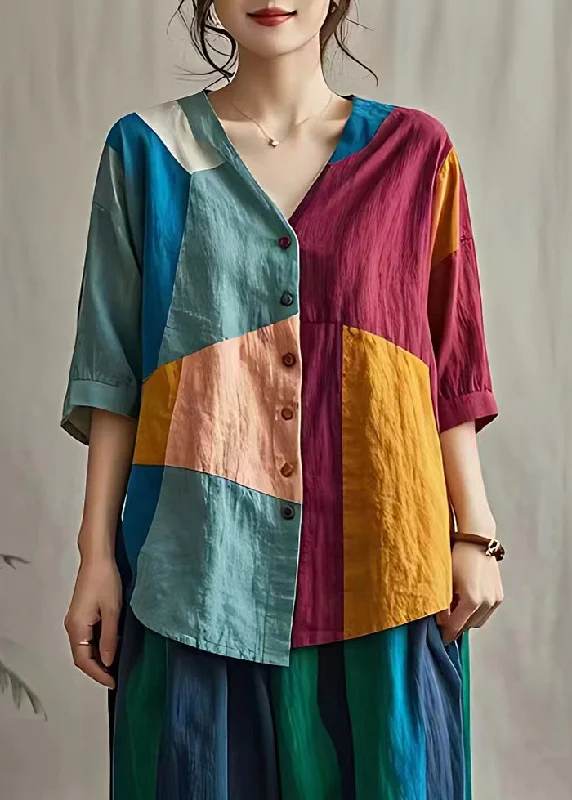 Wool ShirtsBoutique Colorblock Asymmetrical Patchwork Linen Shirt Tops Summer