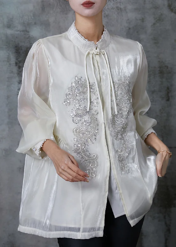 Tasseled ShirtsBoutique Milk White Sequins Chiffon Oriental Shirts Summer