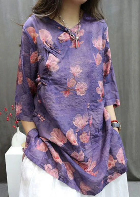 Polyester ShirtsBoutique Purple Print Chinese Button Linen Shirt Summer