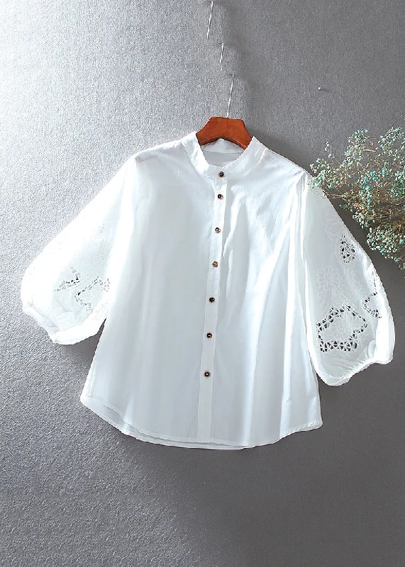 Travel ShirtsBrief White O-Neck Hollow Out Cotton Shirt Bracelet Sleeve