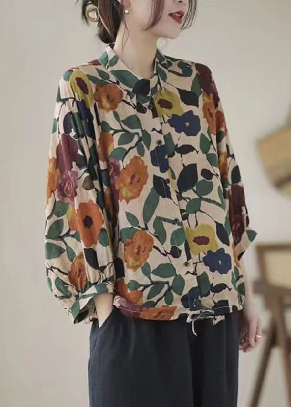 Tunic ShirtsCasual Apricot Stand Collar Print Cotton Shirts Long Sleeve