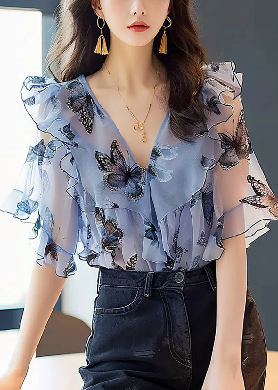 Punk ShirtsChic Blue Ruffled Print Chiffon Shirts Half Sleeve