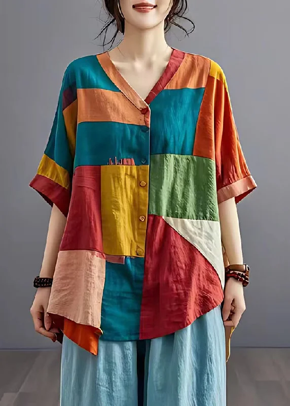 Polyester ShirtsChic Colorblock Asymmetrical Patchwork Applique Linen Shirt Top Summer