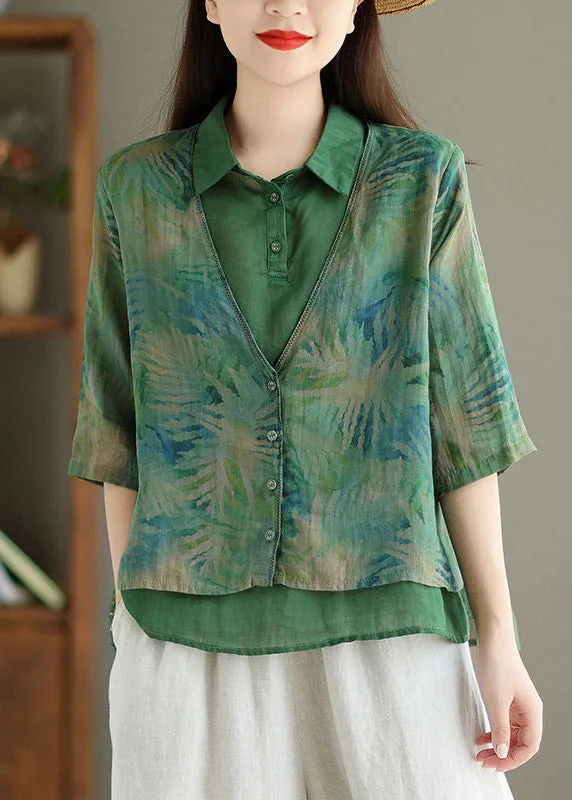 Statement ShirtsChic Green Print False Two Pieces Linen Shirt Half Sleeve