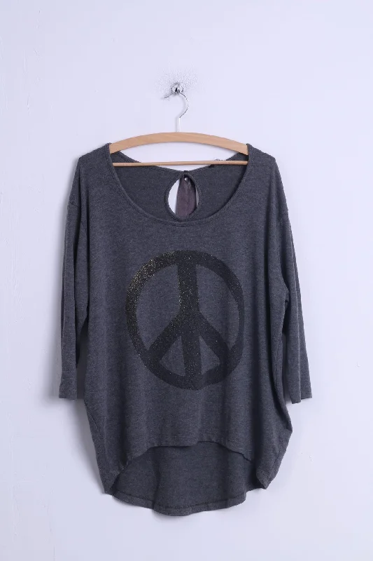 Dress ShirtsSelect Womens 12 40 L Shirt Grey Cotton Graphic peace 3/4 Sleeve Top Back Tape