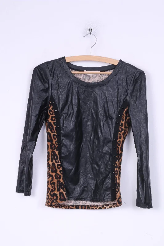 Satin ShirtsGiorgia Womens S Shirt Black Animal Leopard Print Imitation Leather Party