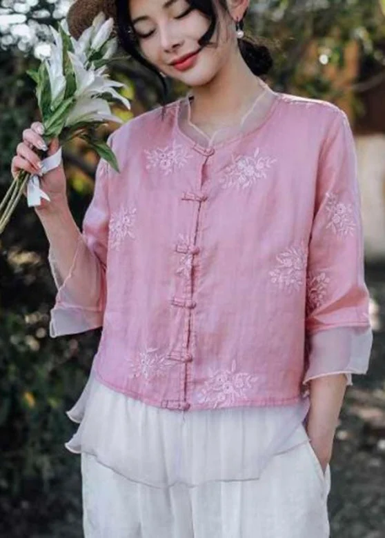 Polyester ShirtsHandmade Pink O-Neck Embroidered Button Shirts Summer