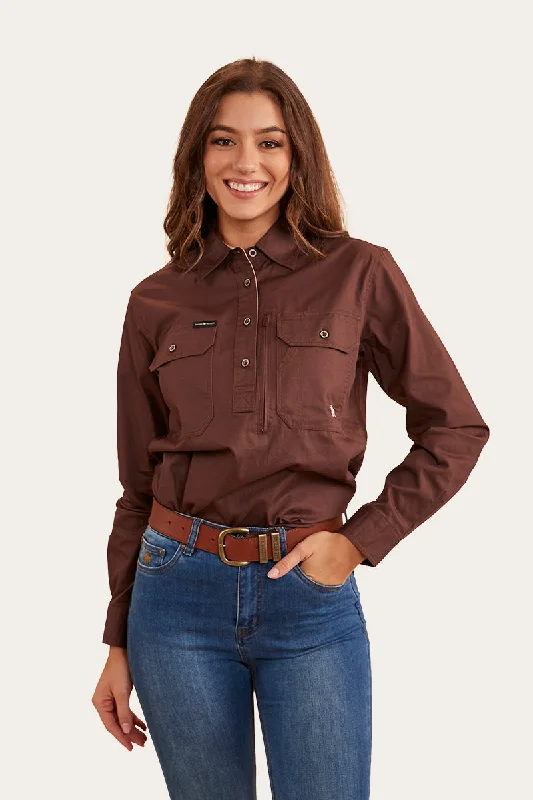 Band Merch ShirtsHerefords Womens Half Button Work Shirt - Chocolate/Dark Sand