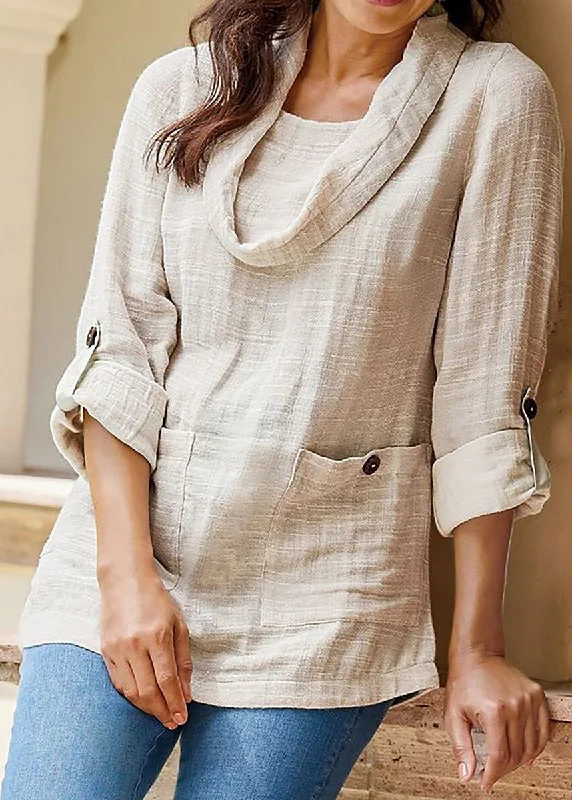 Ruffled ShirtsLoose Apricot Button Pockets Linen Shirt Long Sleeve