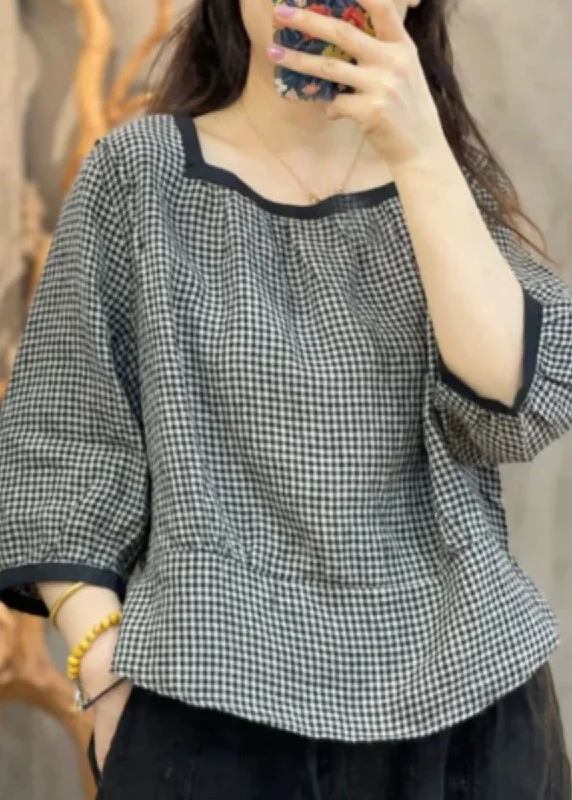 Fishing ShirtsLoose Black Plaid O-Neck Patchwork Shirt Bracelet Sleeve