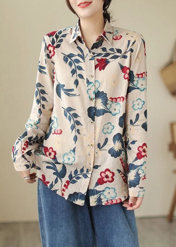 Logo ShirtsLoose Peter Pan Collar Button Print Cotton Shirt Long Sleeve