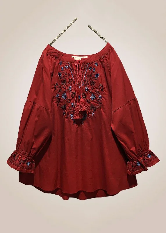 Work ShirtsLoose Red Embroidered Lace Up Cotton Shirt Long Sleeve