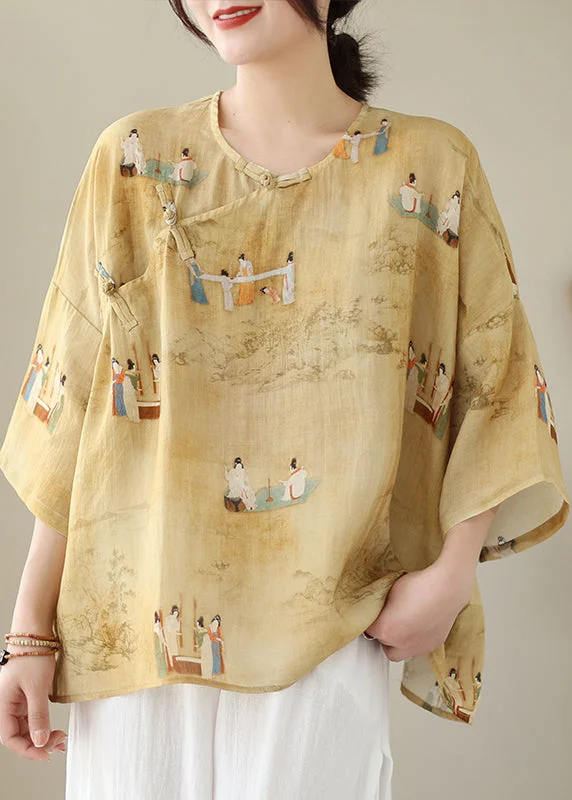 Hip-Hop ShirtsLoose Yellow O Neck Button Print Linen Shirts Batwing Sleeve