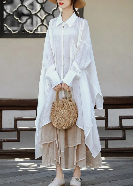 Hooded ShirtsNatural White Peter Pan Collar Asymmetrical Cotton Shirts Long Sleeve