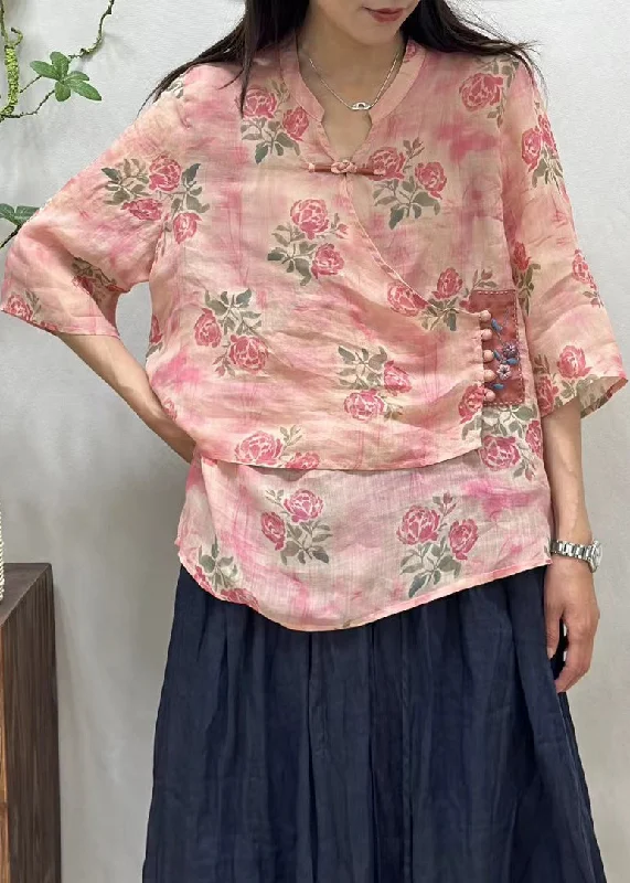 Fringed ShirtsNew Pink Asymmetrical Button Print Linen Shirt Half Sleeve