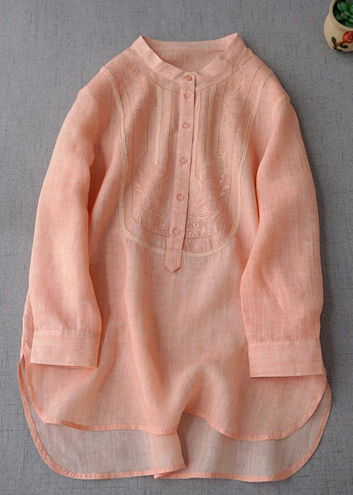 Studded ShirtsNew Pink Embroidered Button Linen Shirts Long Sleeve