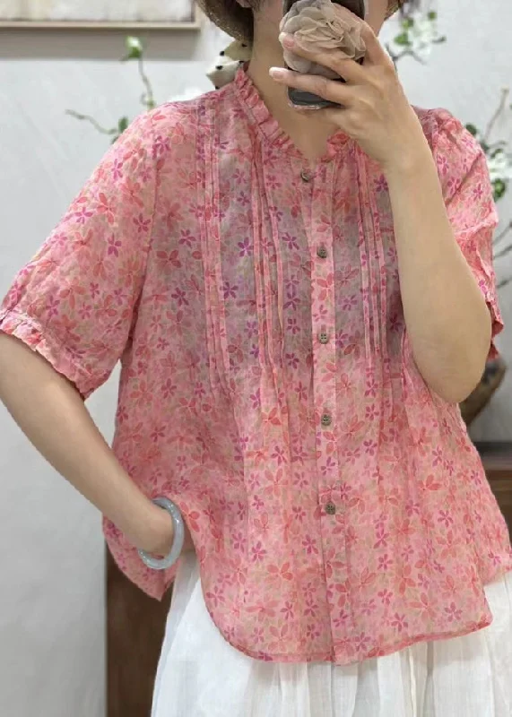 Logo ShirtsNew Pink Ruffled Button Print Linen Shirt Summer