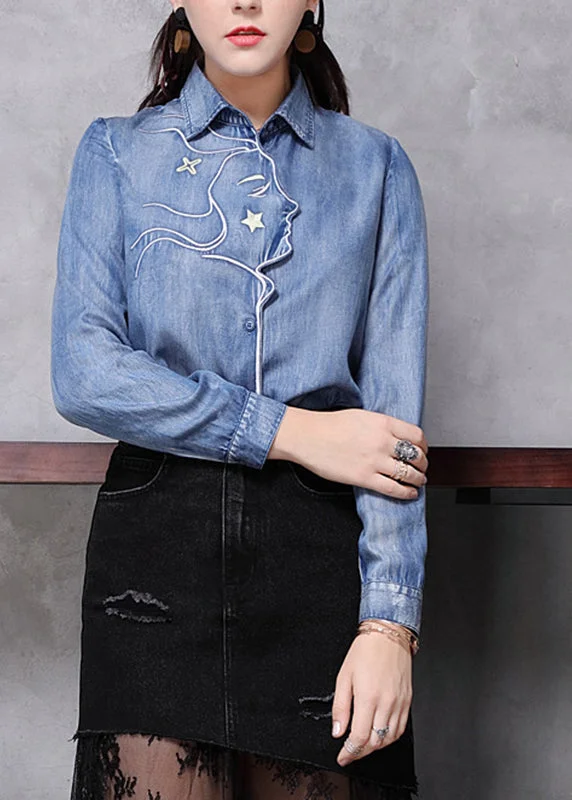 Painted ShirtsNovelty Light Blue Peter Pan Collar Asymmetrical Patchwork Low High Design Denim Shirt Long Sleeve