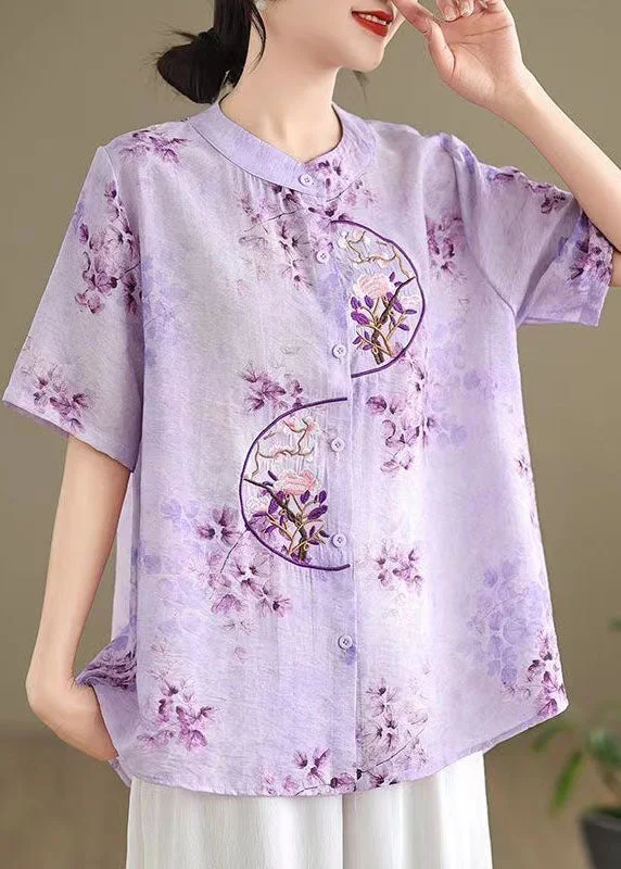 Luxury ShirtsRetro Purple Stand Collar Embroidered Cotton Shirt Summer