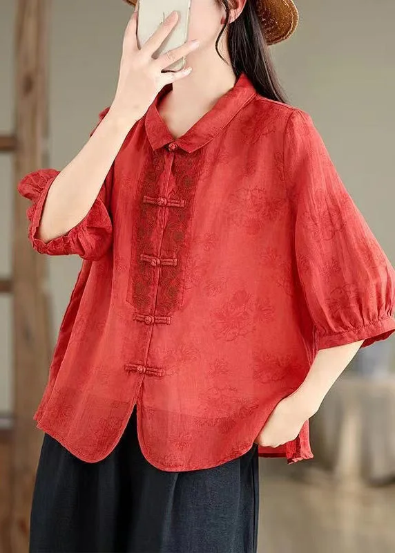 Printed ShirtsRetro Red Peter Pan Collar Embroidered Shirt Bracelet Sleeve