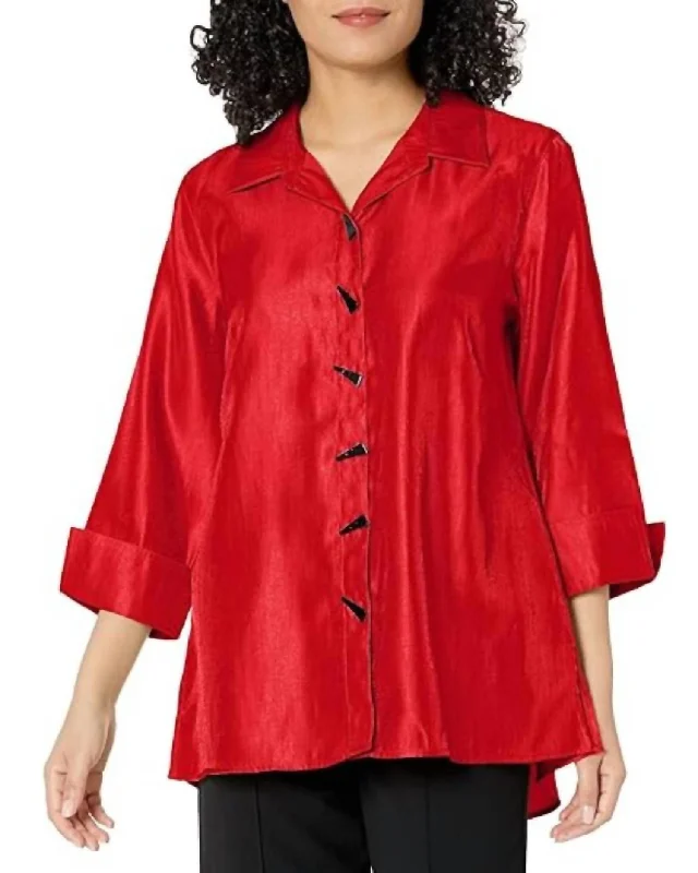 High-Fashion ShirtsTurn-Up Cuff Button Front Hi-Lo Shirt In Red