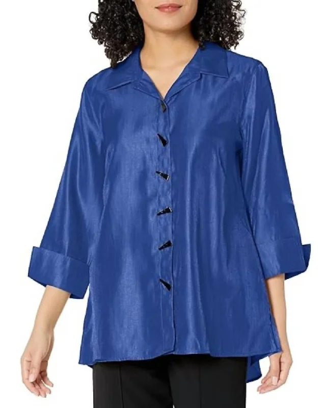 Fringed ShirtsTurn-Up Cuff Button Front Hi-Lo Shirt In Royal Blue