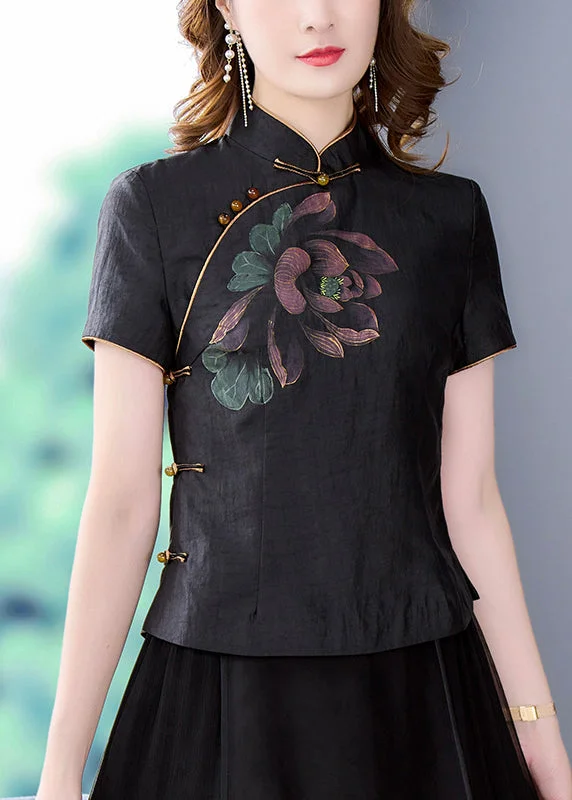 Plush ShirtsVintage Black Stand Collar Print Chinese Button Silk Shirt Tops Summer