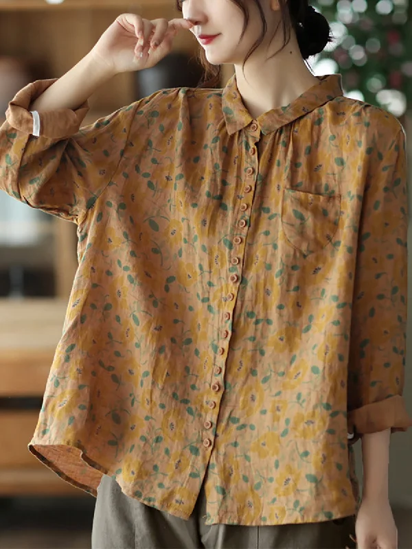 Cashmere ShirtsVintage Printed Linen Shirt Turn-down Collar Top