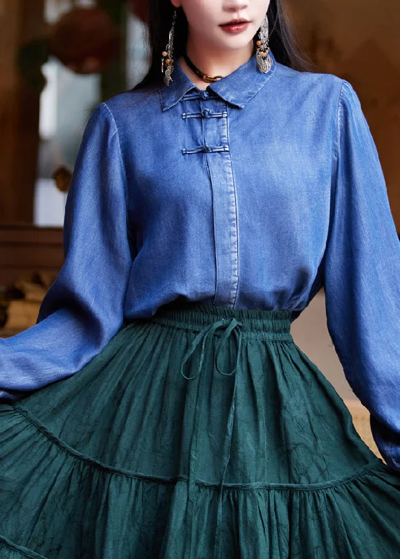 Asymmetrical ShirtsWomen Blue Peter Pan Collar Patchwork Button Silk Cotton Denim Shirt Long Sleeve