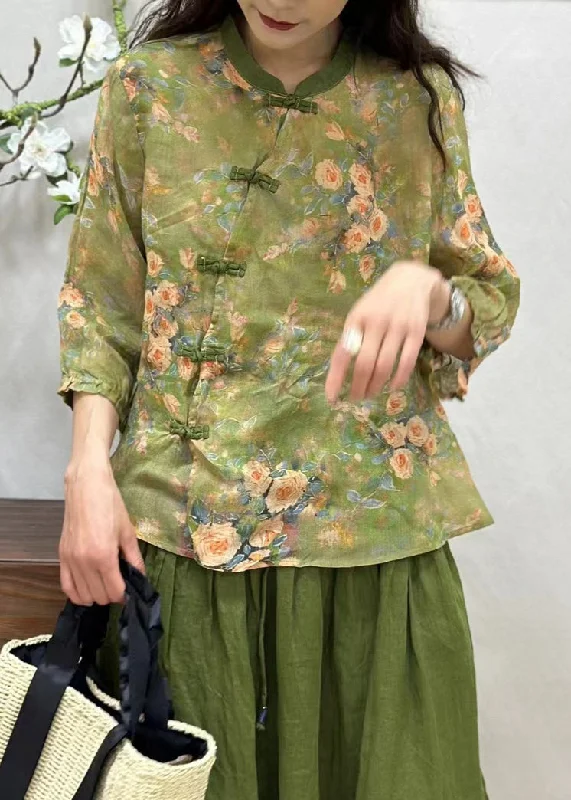 Pocket ShirtsWomen Green Chinese Button Print Linen Shirt Bracelet Sleeve