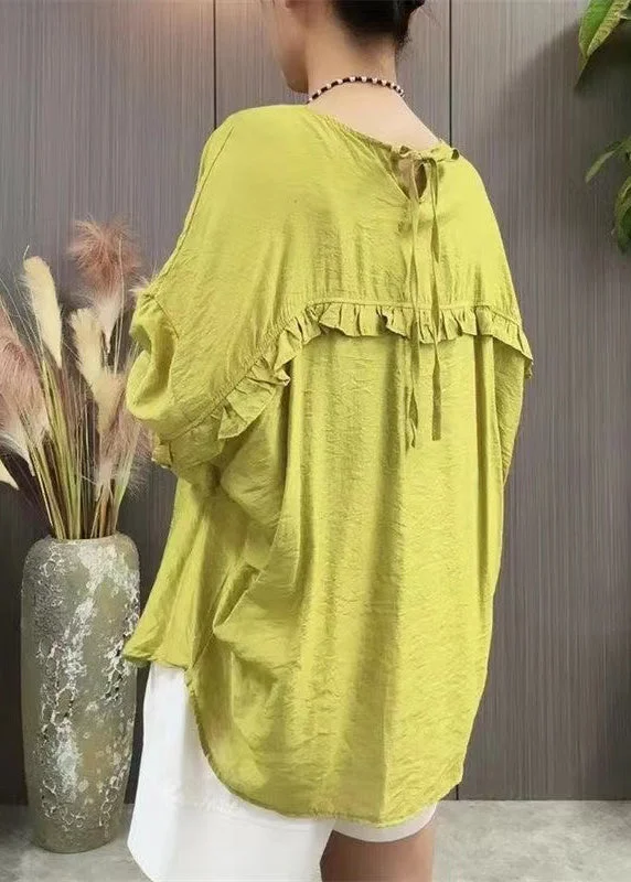 Tasseled ShirtsWomen Green Ruffled Lace Up Linen T Shirt Batwing Sleeve