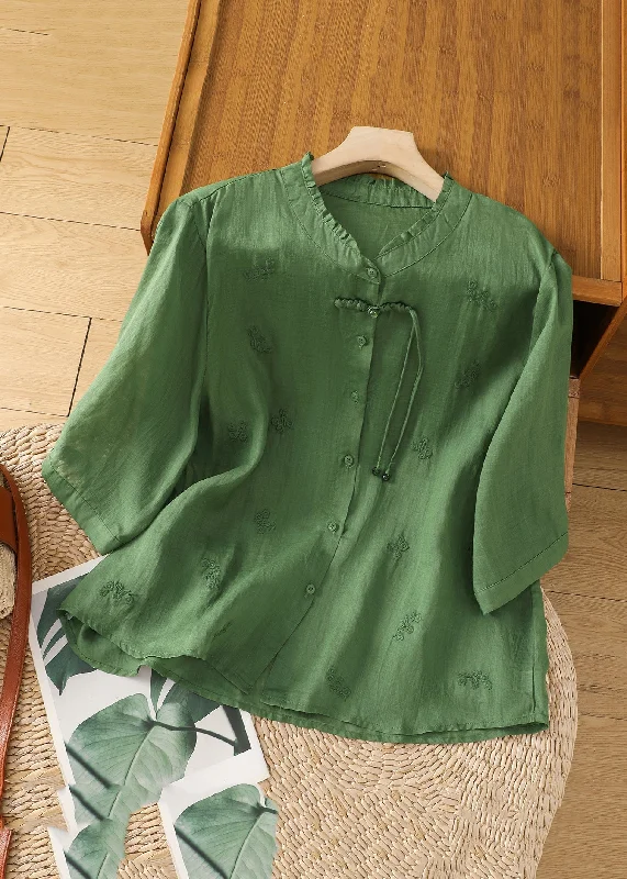 Longline ShirtsWomen Green Stand Collar Embroidered Shirts Summer