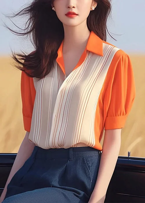 Ruffled ShirtsWomen Orange Peter Pan Collar Patchwork Chiffon Shirt Summer