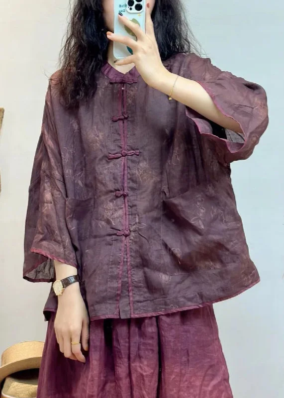 Luxury ShirtsWomen Purple Button Pockets Linen Shirt Spring