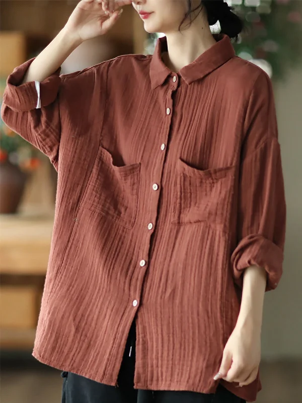 Chambray ShirtsWomen Spring Casual Pocket Button Cotton Shirt