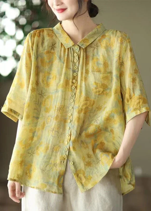 Printed ShirtsWomen Yellow Peter Pan Collar Print Linen Shirt Tops Summer