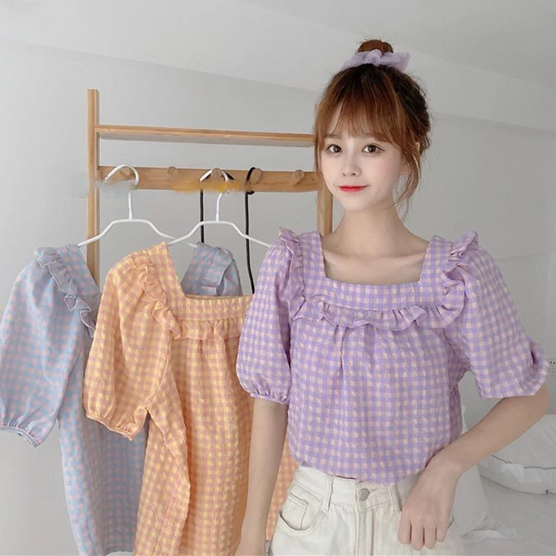 Lace-Up ShirtsWomen's Cute Square Collar Plaid Shirts