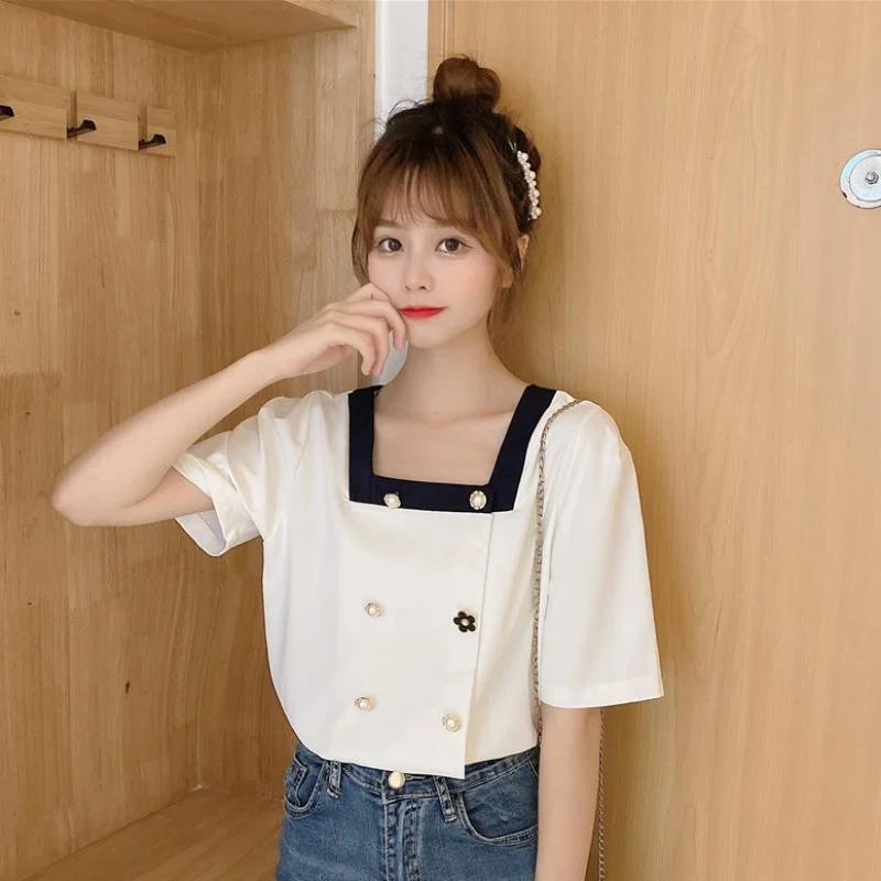 Denim ShirtsWomen's Kawaii Double Breasted Square Collar Shirts