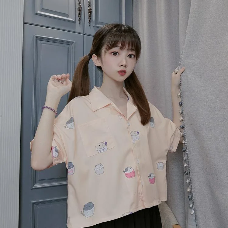 Thermal ShirtsWomen's Kawaii Kitten Printed Chiffon Shirts