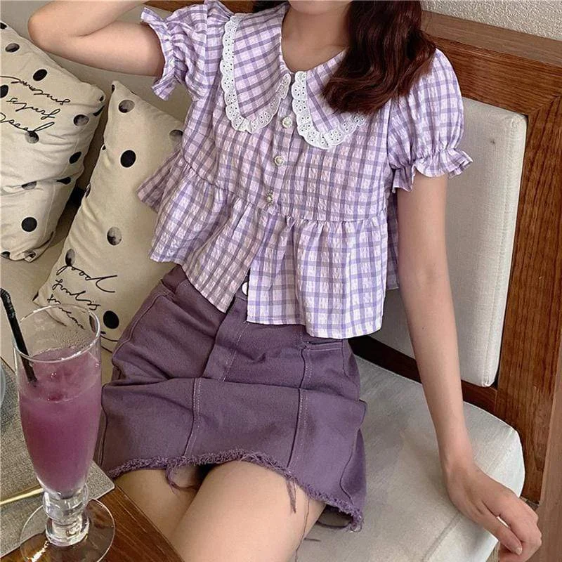 Layered ShirtsWomen's Kawaii Splicing Lace Ruffles Plaid Shirts