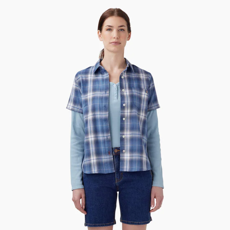 Asymmetrical ShirtsWomen's Plaid Woven Shirt - Blue Herringbone Plaid