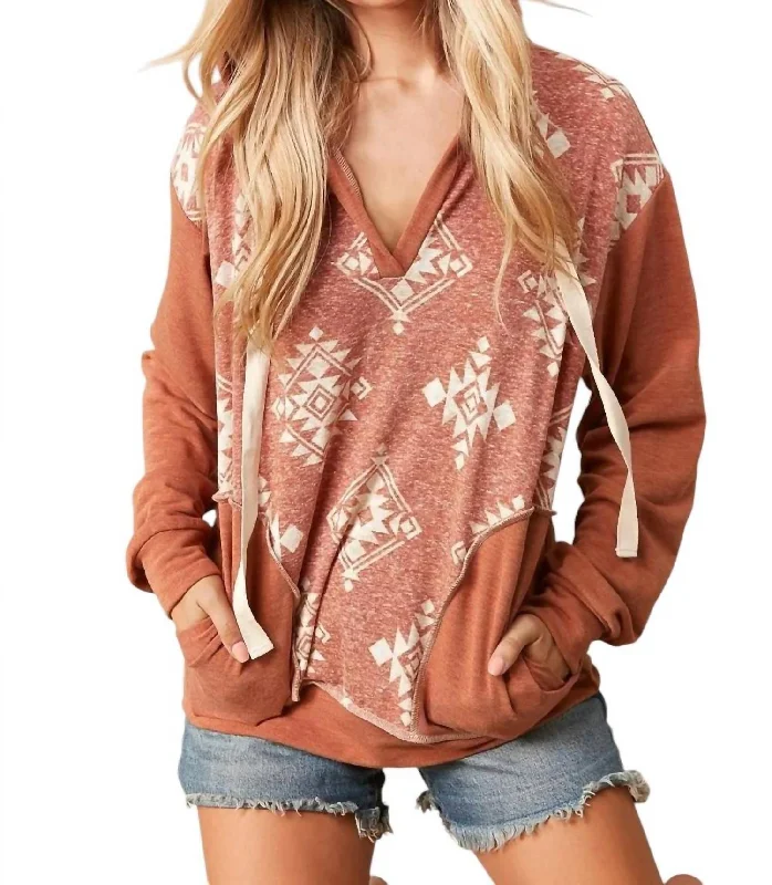 Travel SweatshirtsAztec Vneck Hoodie In Rust