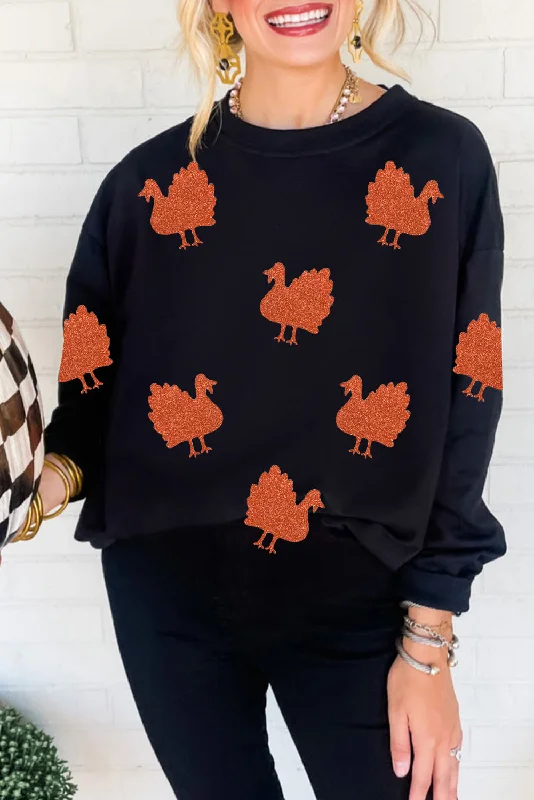 Athletic HoodiesBlack Glittering Turkey Graphic Drop Shoulder Thanksgiving Sweatshirt