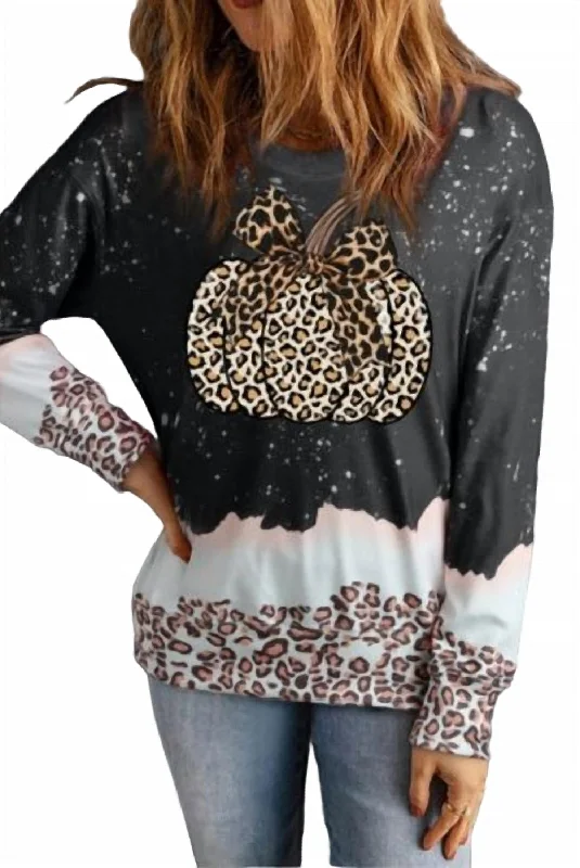 Hip-Hop HoodiesBow Pumpkin Leopard Bleached Sweatshirt In Charcoal