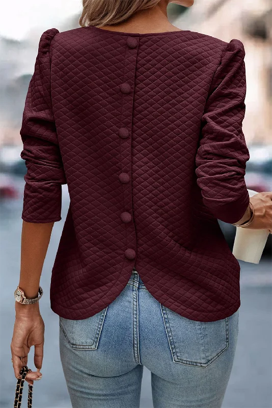 Wool Blend SweatshirtsBurgundy Quilted Button Back Puff Sleeve Sweatshirt