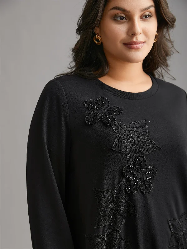 Hemp SweatshirtsCrew Neck Floral Embroidered Sweatshirt