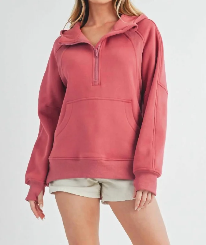 Luxury HoodiesDrea Long Half-Zip Hoodie In Berry