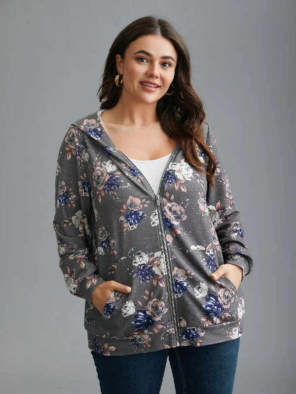 Vintage HoodiesFloral Print Zipper Front Hooded Sweatshirt